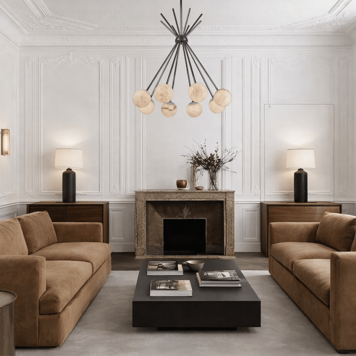 Alabaster pendant light installed in an elegant living room, creating warm ambient lighting with natural stone globes.