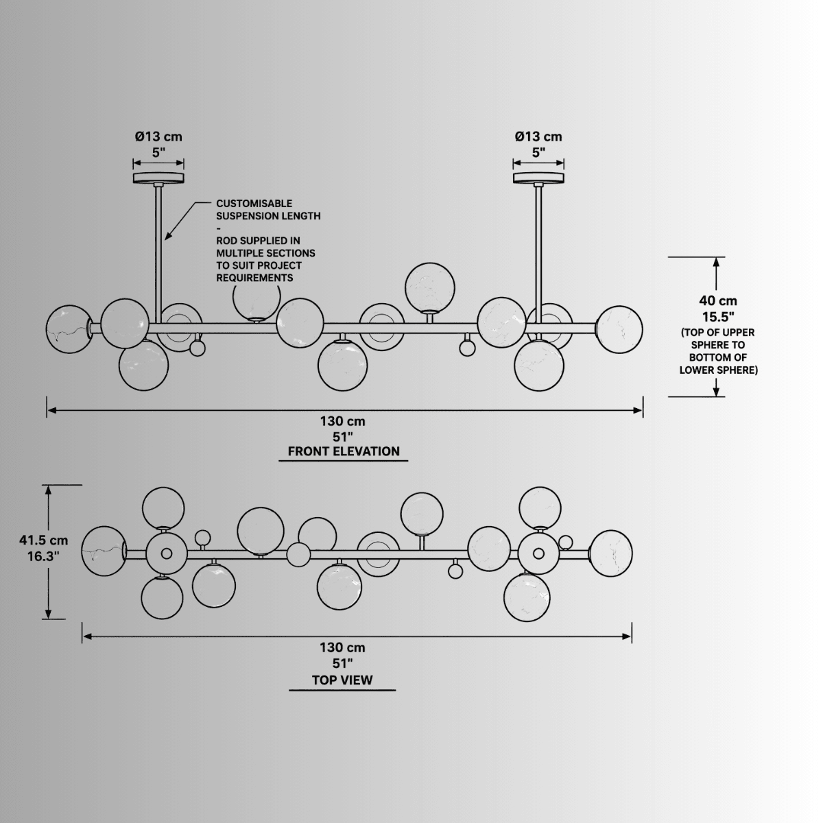 Dimension view of the Alabaster Volta chandelier showing 130cm (51") length and 42cm (16") height.