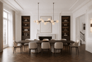 Alabaster Volta chandelier above luxury dining table in an high-en interior with wood floor and chairs.