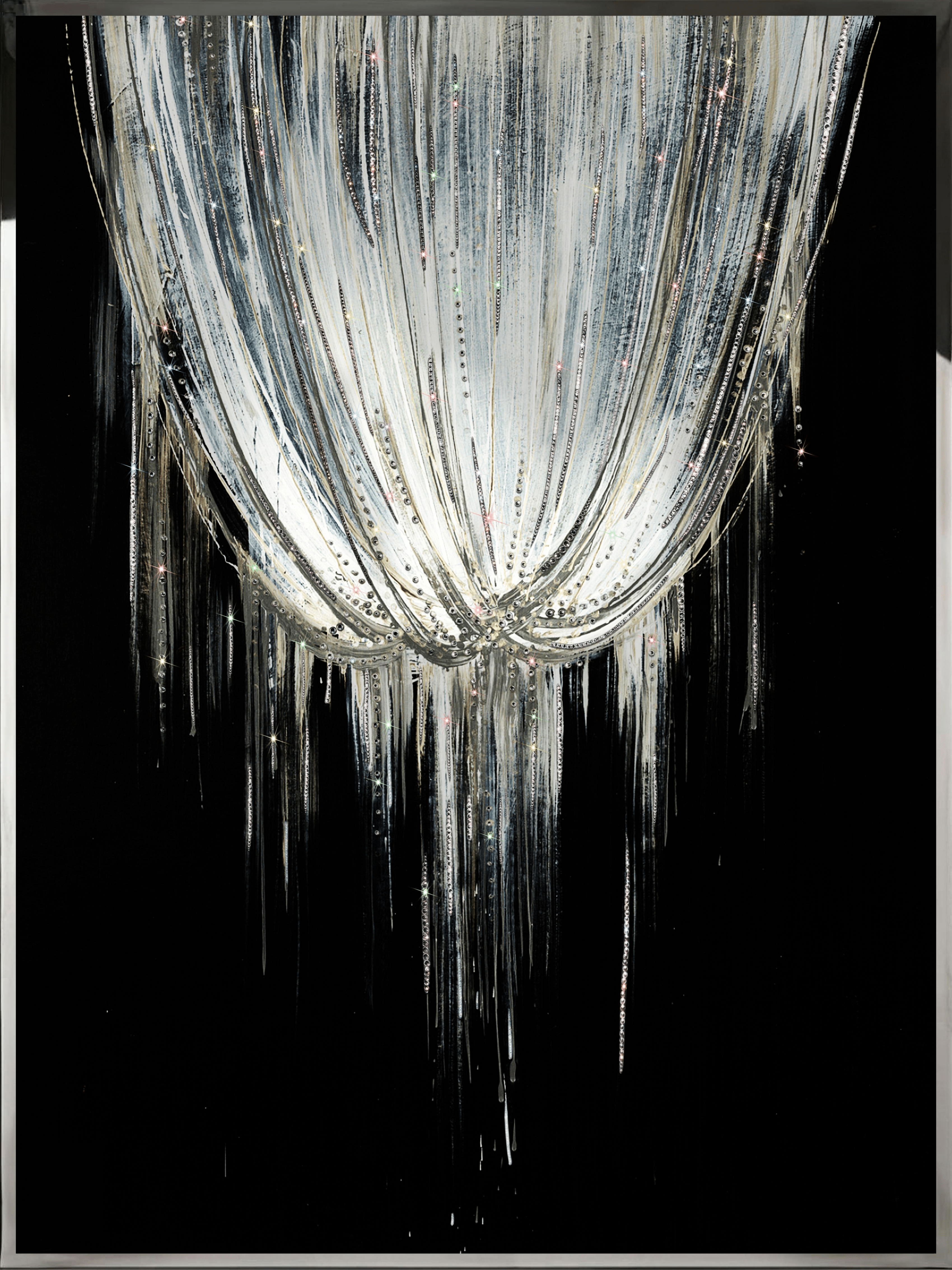 Close-up of Asteria Swarovski crystal wall art showing precision-cut and coated crystals in abstract cascade.
