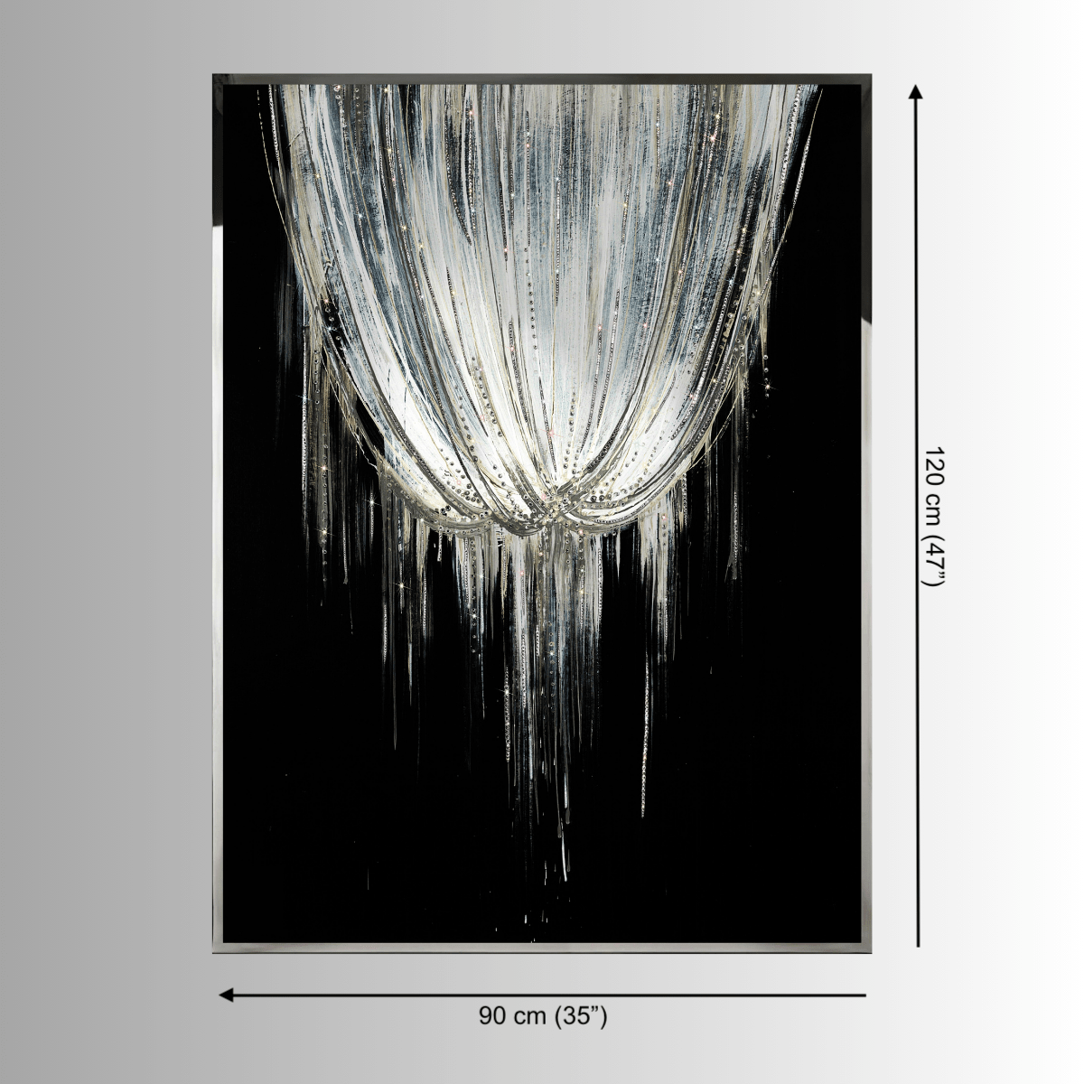 Asteria Swarovski crystal wall art dimensions 90cm by 120cm with stainless steel frame depth 7cm.