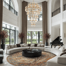 Oversized tiered crystal chandelier illuminating a luxury double-height living room with grand architectural windows.