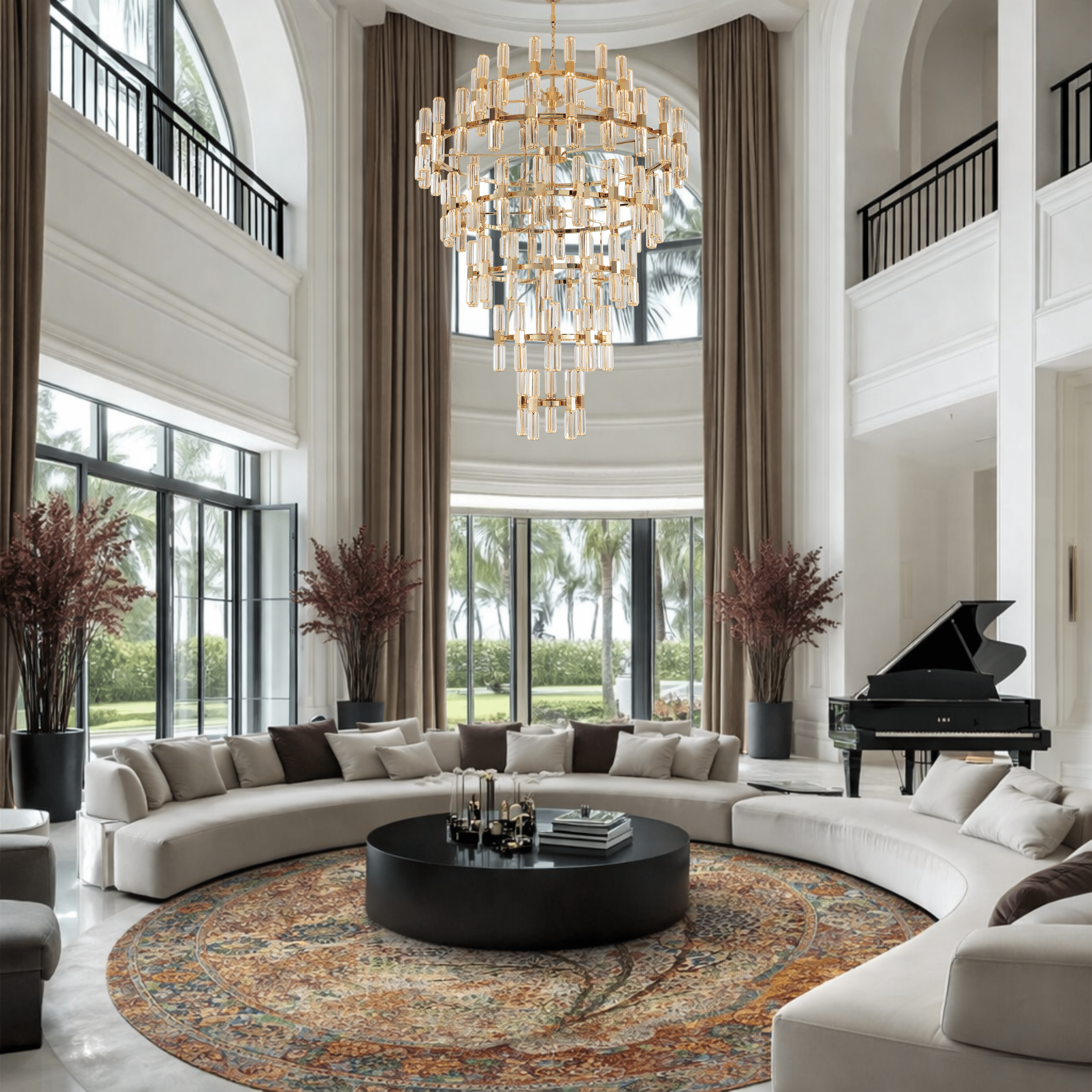 Oversized tiered crystal chandelier illuminating a luxury double-height living room with grand architectural windows.