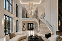 Athena Grand Tiered Crystal Chandelier installed in a luxury double-height foyer with grand staircase