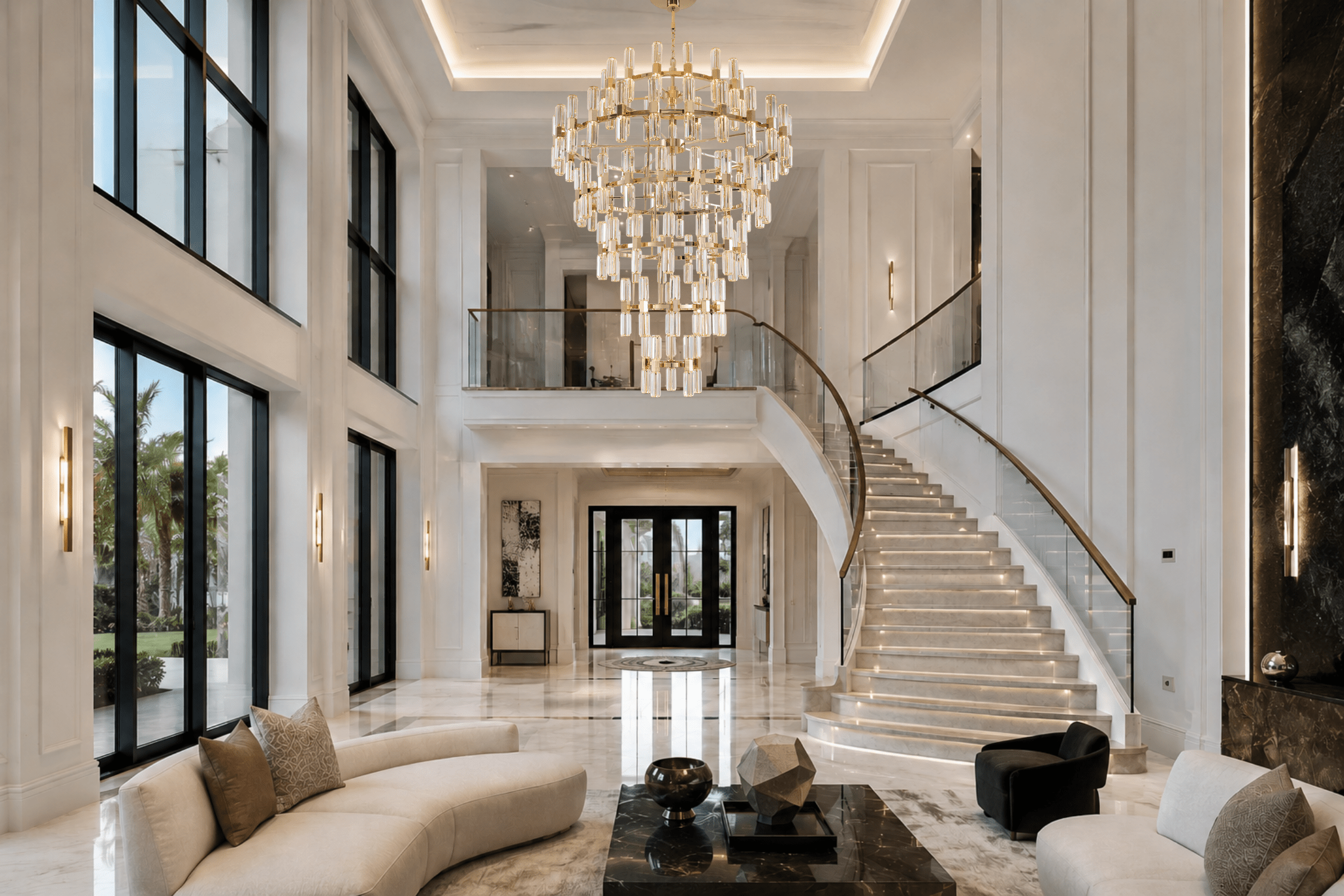 Athena Grand Tiered Crystal Chandelier installed in a luxury double-height foyer with grand staircase