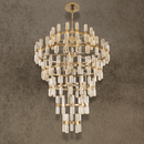 Large tiered crystal chandelier in gold with cascading crystal prisms designed for grand foyers and high ceilings.