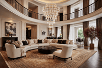 Grand foyer chandelier with cascading crystals suspended in a luxury double-height living space.