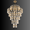 Luxury tiered crystal chandelier with gold frame and cascading crystals, ideal for grand foyer and staircase lighting.