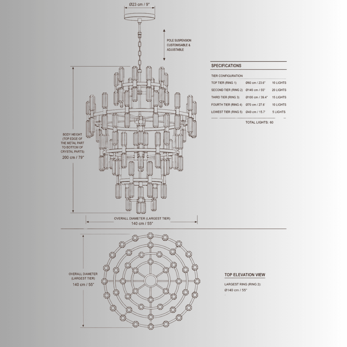 Athena Royale crystal chandelier CAD drawing with 140cm diameter, 200cm height and five-tier specification