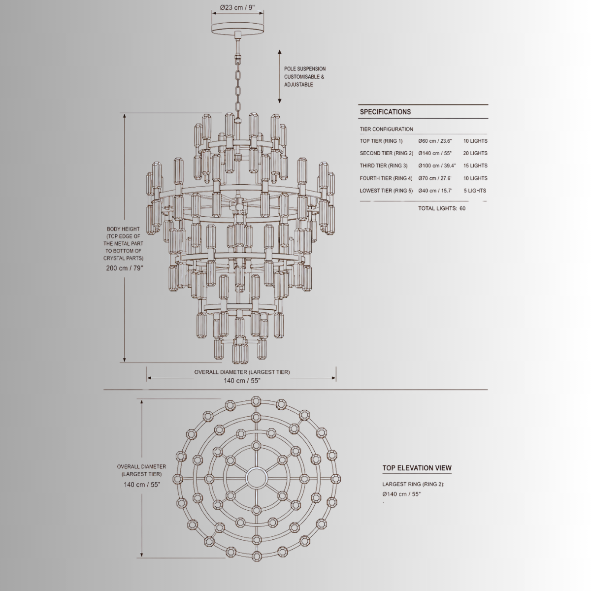Athena Royale crystal chandelier CAD drawing with 140cm diameter, 200cm height and five-tier specification