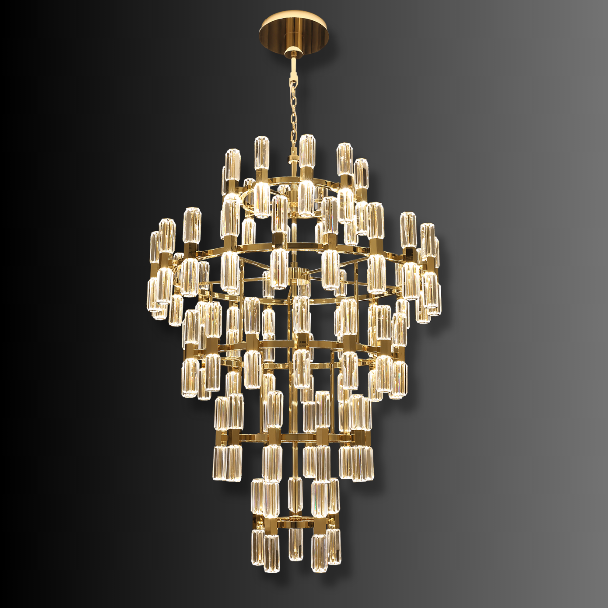 Athena Royale luxury tiered crystal chandelier with polished gold frame and architectural designer lighting