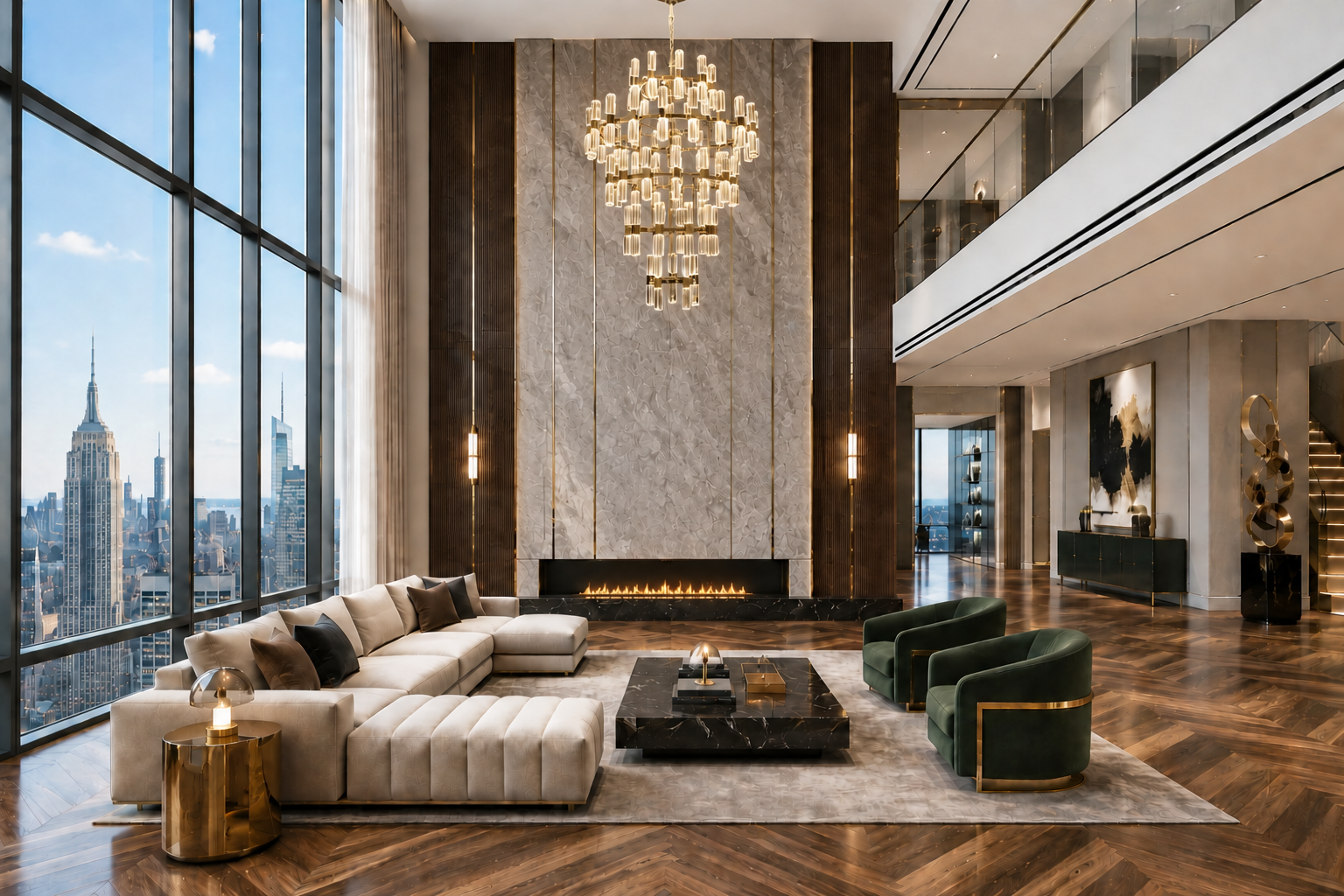 Athena Royale tiered crystal chandelier installed in a luxury double-height Manhattan penthouse living room interior