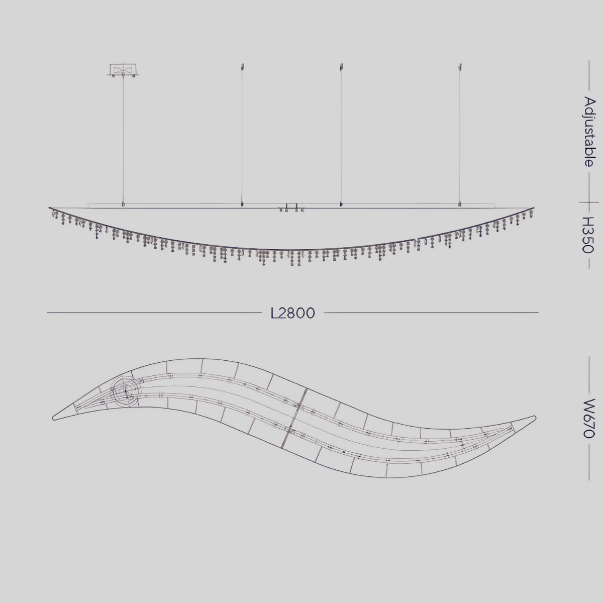 Technical drawing showing wave profile and dimensions of Aurelio Wave grand scale chandelier
