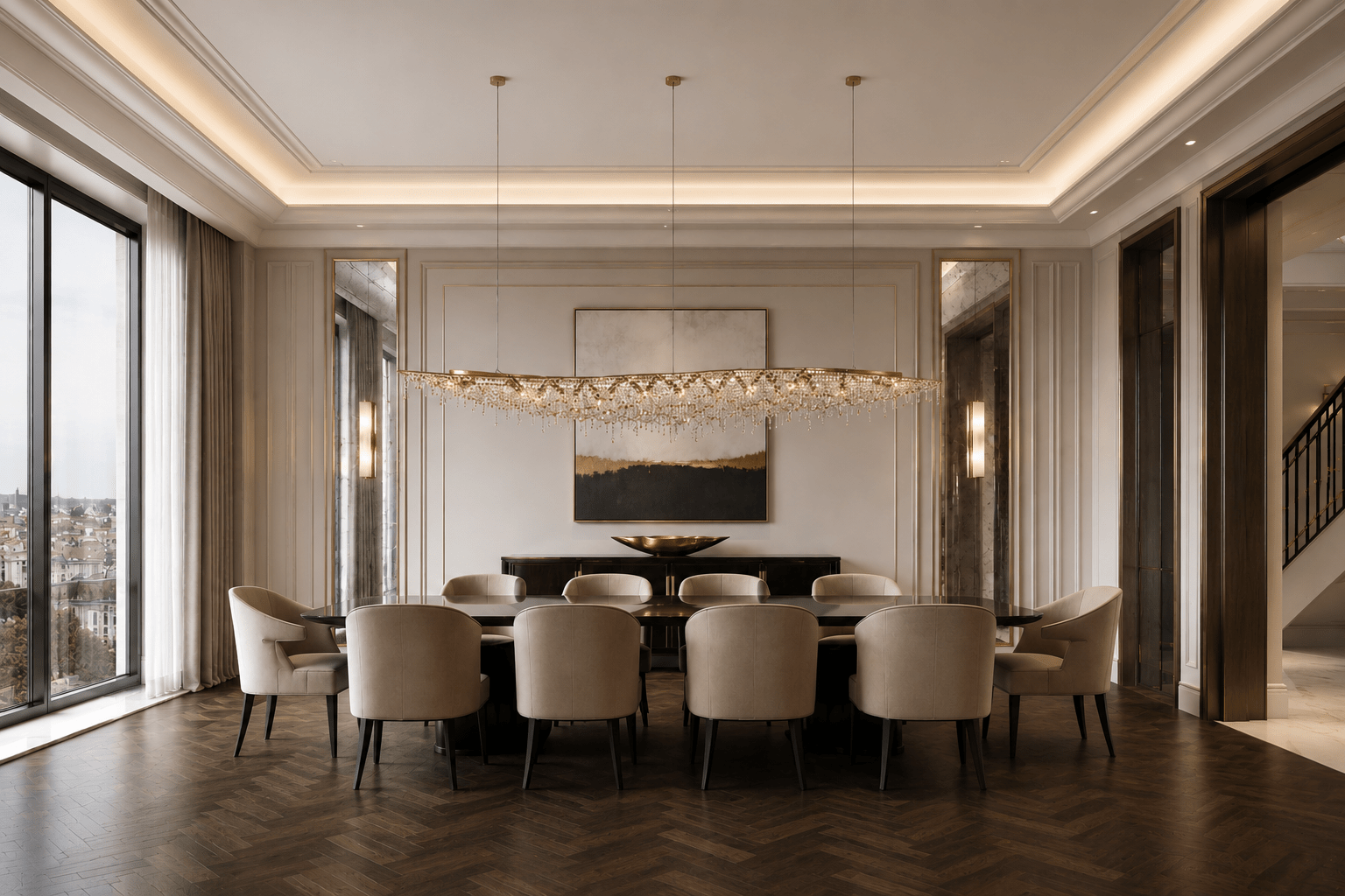 Aurelio Wave luxury crystal chandelier above grand dining table in Chelsea Harbour residence