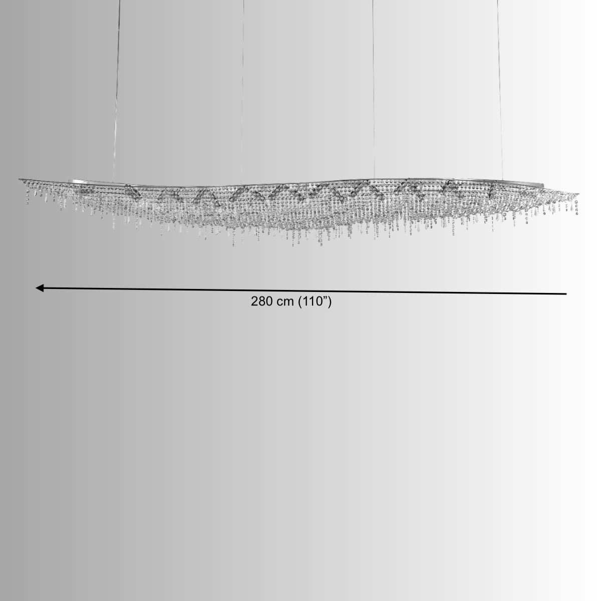 280cm (110") long grand scale linear chandelier designed for luxury dining tables and kitchen islands
