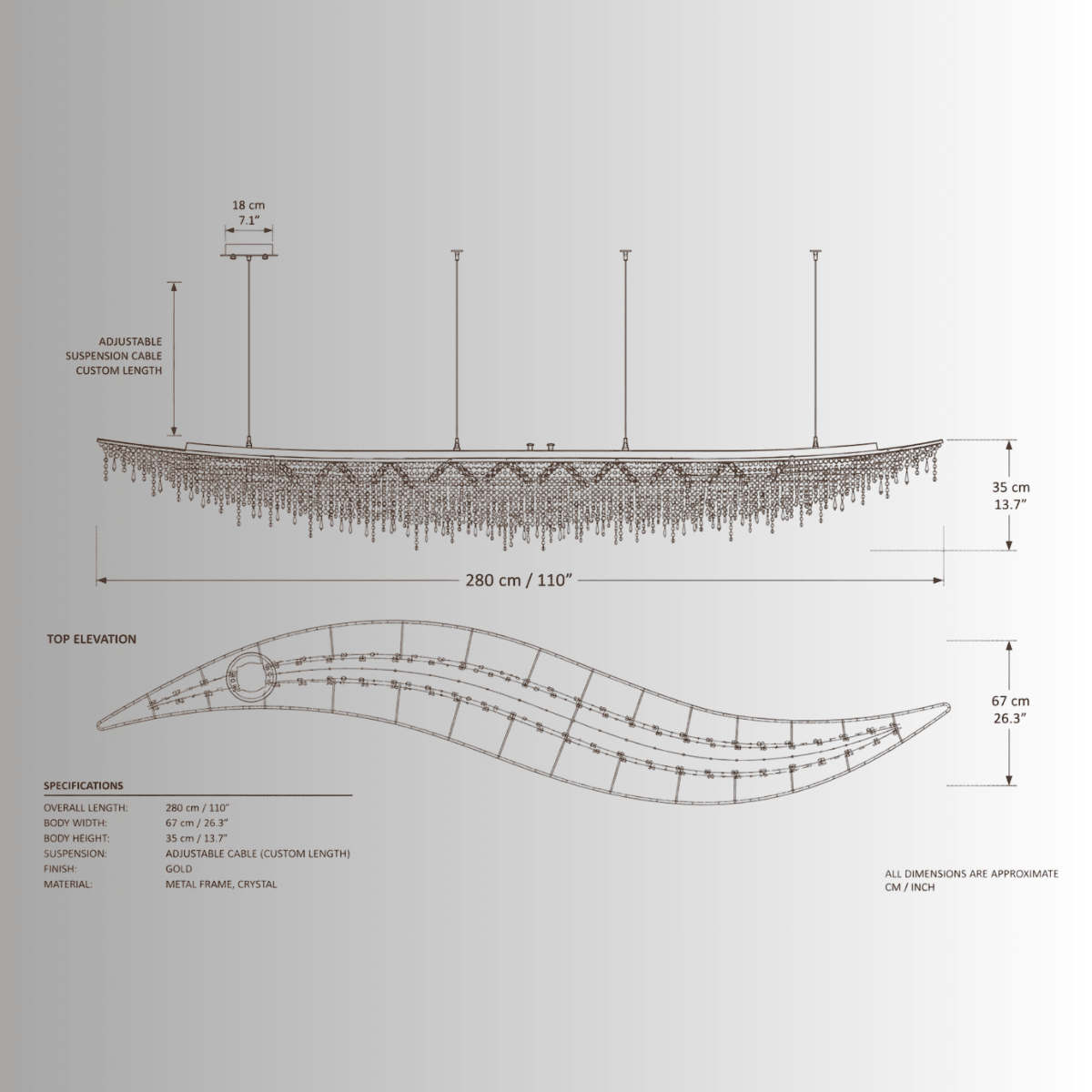Aurelio Wave luxury crystal chandelier CAD drawing, 280cm linear dining room lighting by HDLS Lighting