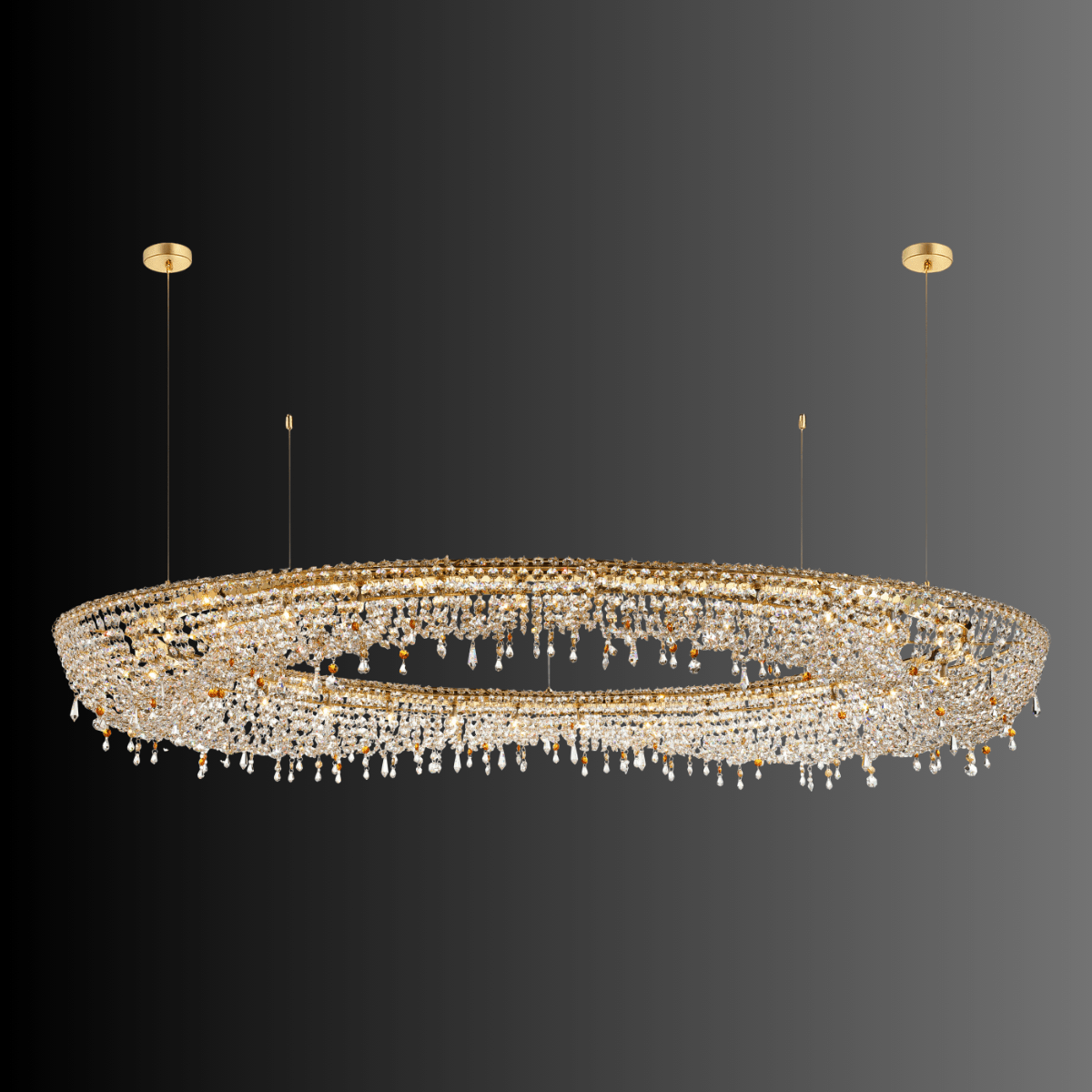 Aurelio Wave Oval large crystal chandelier in 18K gold-plated copper with Asfour crystal, front view.