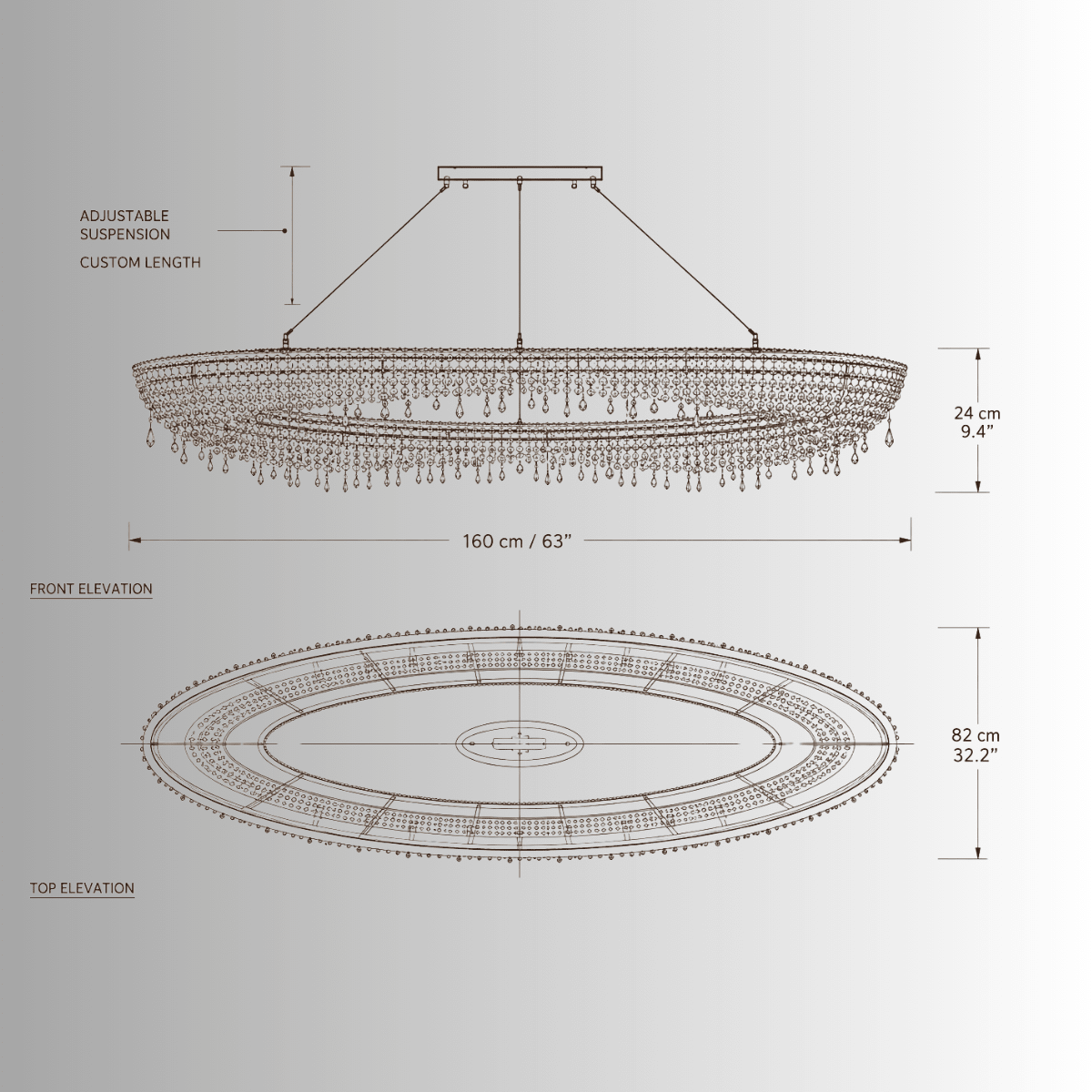 Technical drawing of Aurelio Wave Oval chandelier, 160 × 82 × 24 cm, with front and top elevations.