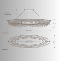 Technical drawing of Aurelio Wave Oval chandelier, 160 × 82 × 24 cm, with front and top elevations.