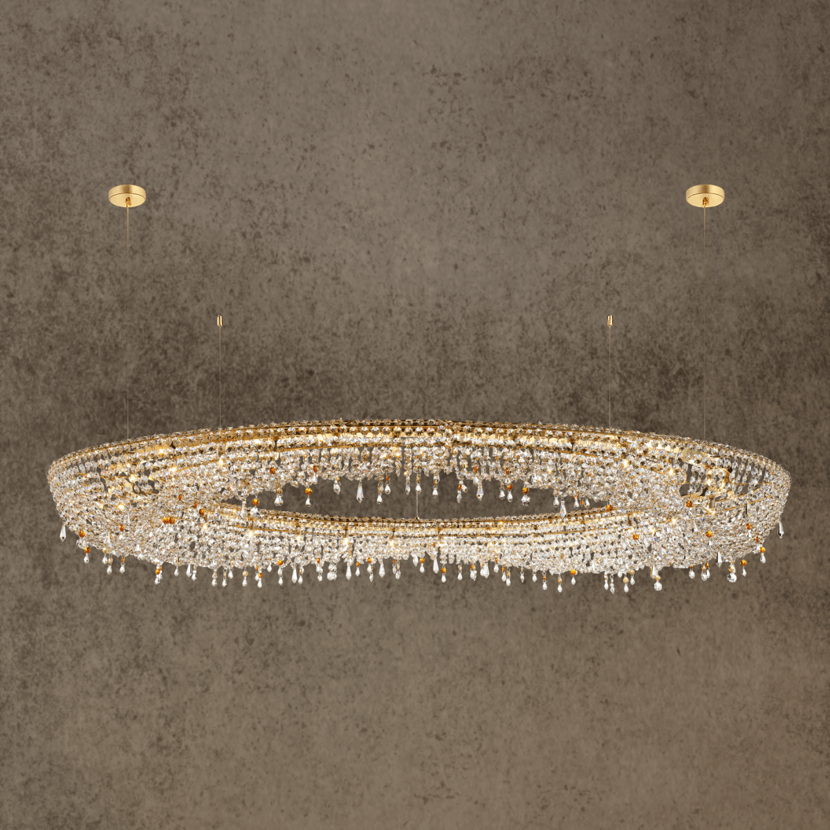 Aurelio Wave Oval large crystal chandelier in 18K gold-plated copper with precision-cut Asfour crystal.
