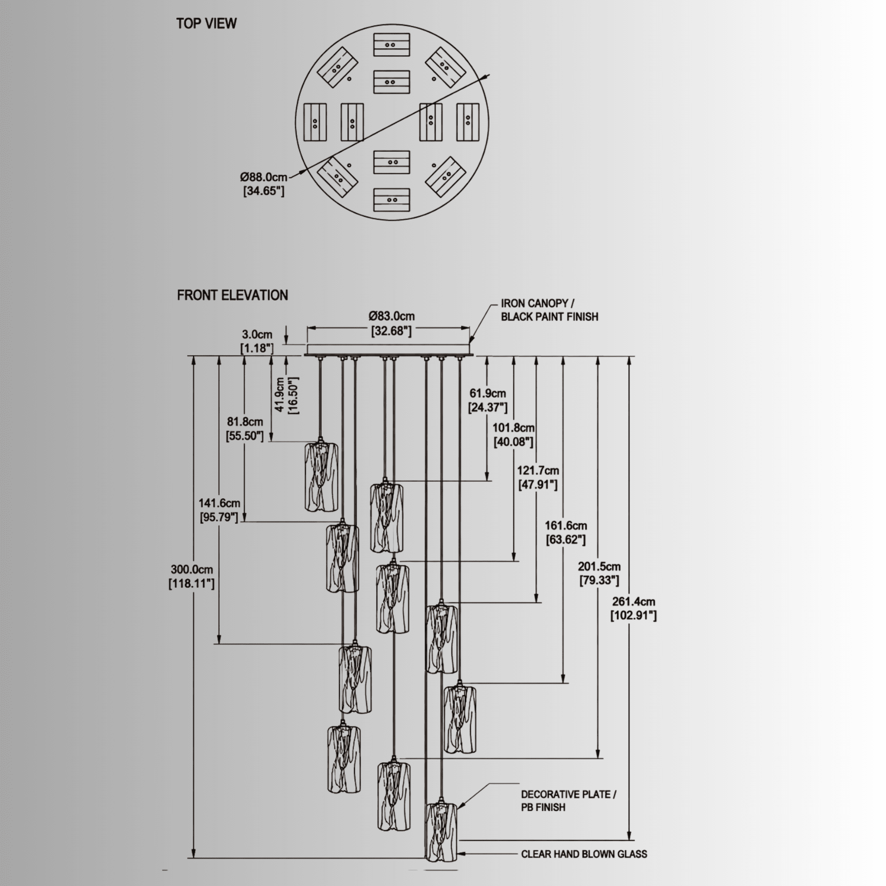 Technical drawing of Aurora Lava chandelier with full measurements, adjustable drop height, canopy size.