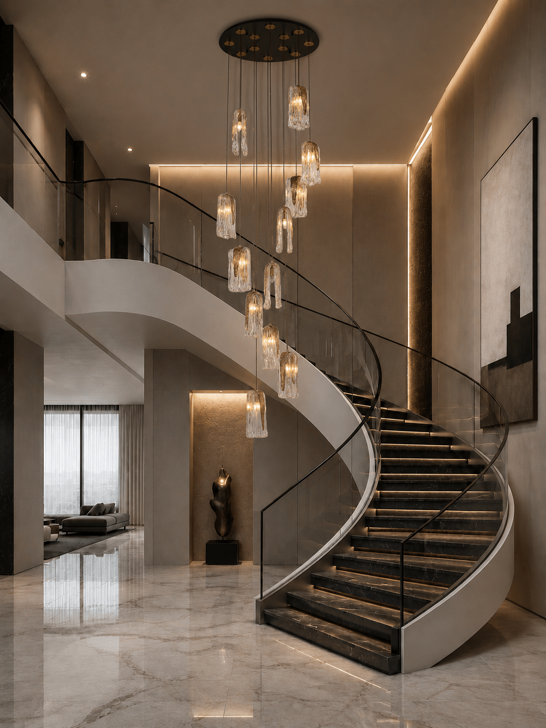 Aurora Lava staircase chandelier in luxury double-height foyer with curved marble staircase and warm ambient lighting