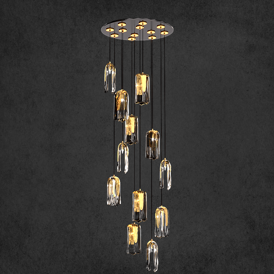 Video thumbnail showing Aurora Lava Murano-style chandelier glowing softly, featuring sculptural glass pendants.