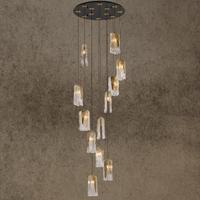 Luxury Aurora Lava chandelier with cascading Murano-style glass pendants and brass canopy, shown in full front view.