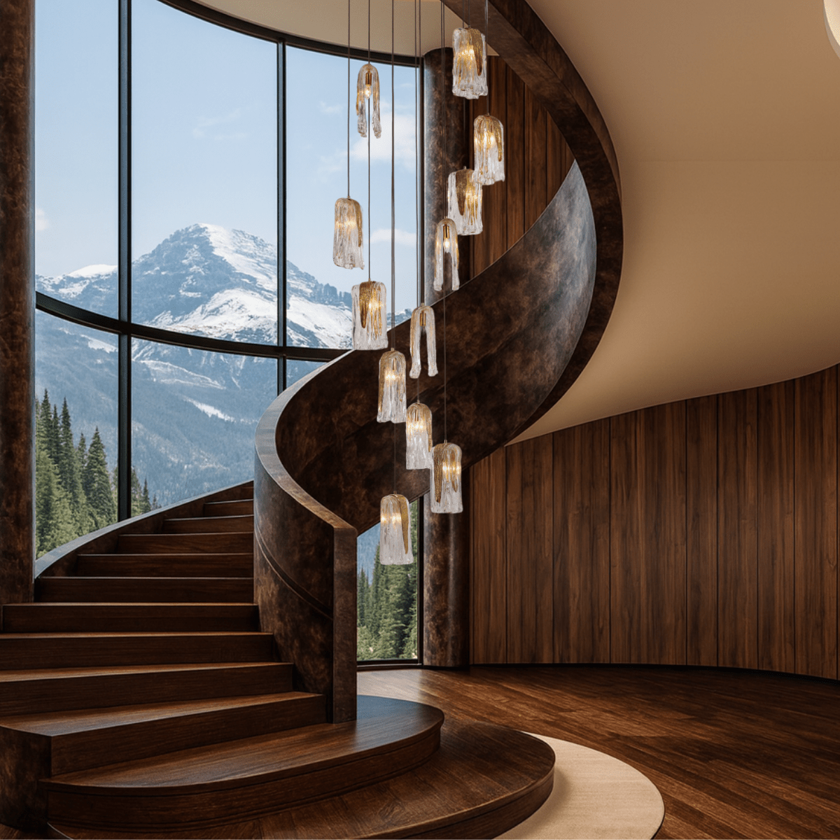 Aurora Lava chandelier installed in a luxury double-height staircase, highlighting cascading glass lights.
