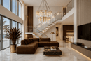 Modern living room with a Aurora Maestra chandelier, brown sectional sofa, and marble coffee table.