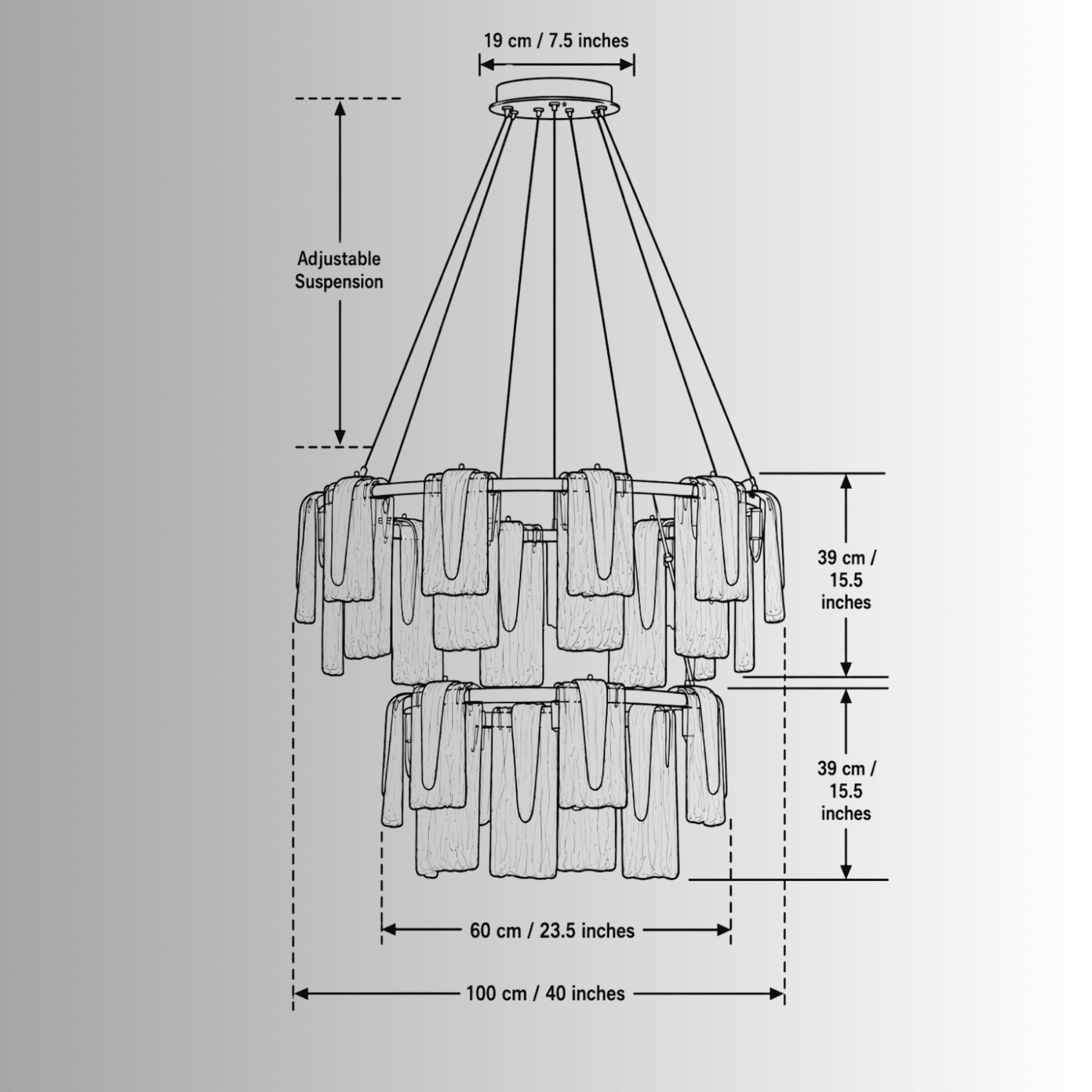 Technical dimensions CAD diagram of the Aurora Maestra chandelier showing width, height, and tier structure for installation.