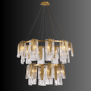 Aurora Maestra chandelier shown on a black background, cascading Murano-style glass and polished brass double-tier design.
