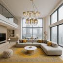 Aurora Maestra chandelier installed in a modern living room with high ceilings, highlighting its sculptural design.