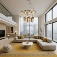 Aurora Maestra chandelier installed in a modern living room with high ceilings, highlighting its sculptural design.