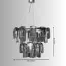 Technical dimensions diagram of the Aurora Maestra chandelier showing width, height, and tier structure for installation .