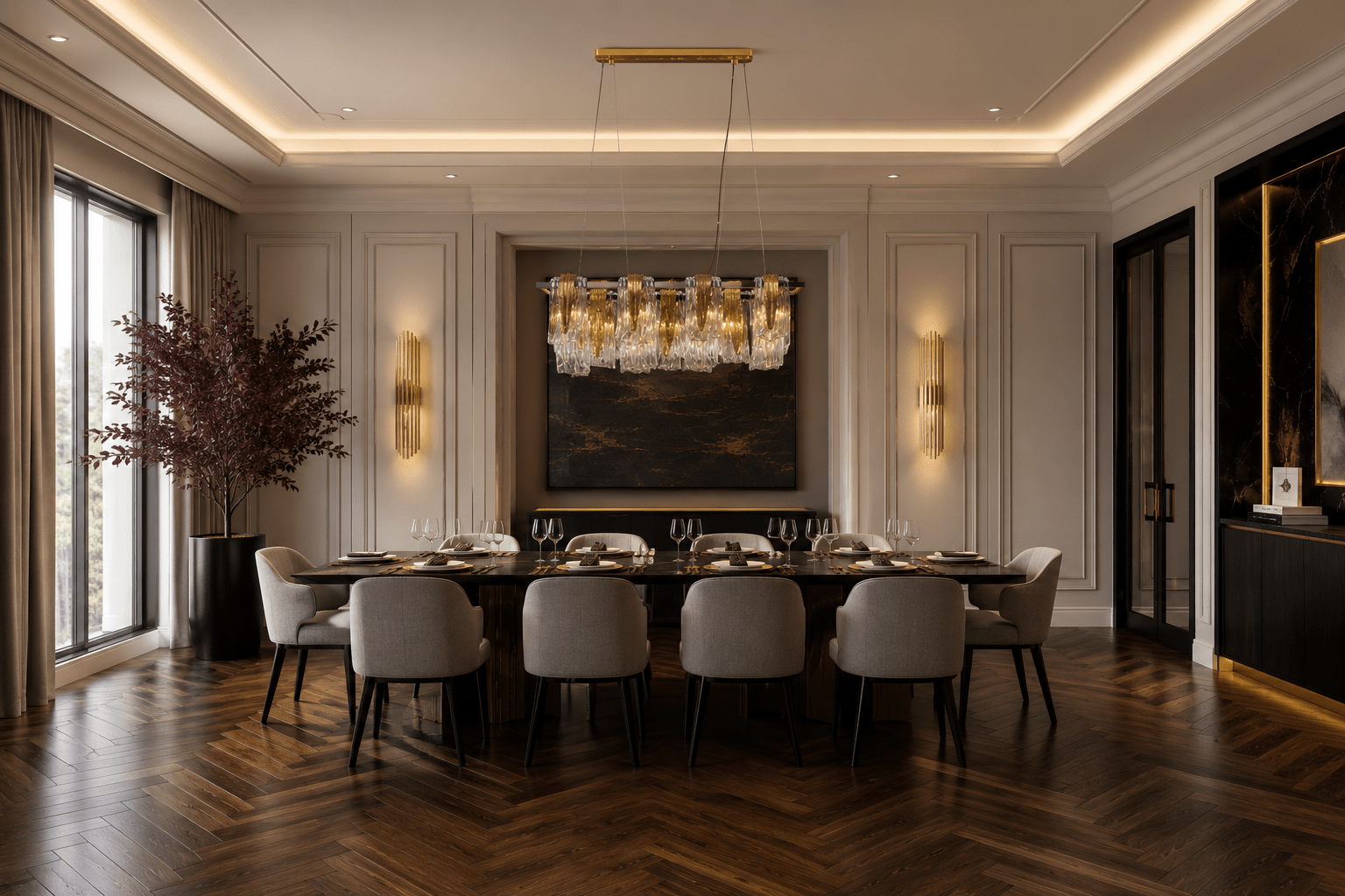 Aurora Magma luxury Murano glass chandelier above a modern dining table in a refined London-style residence