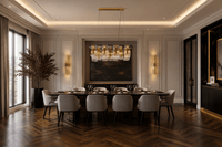 Aurora Magma luxury Murano glass chandelier above a modern dining table in a refined London-style residence
