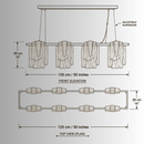 CAD drawing of the Aurora Magma chandelier showing full linear dimensions, suspension height, and glass arrangement.