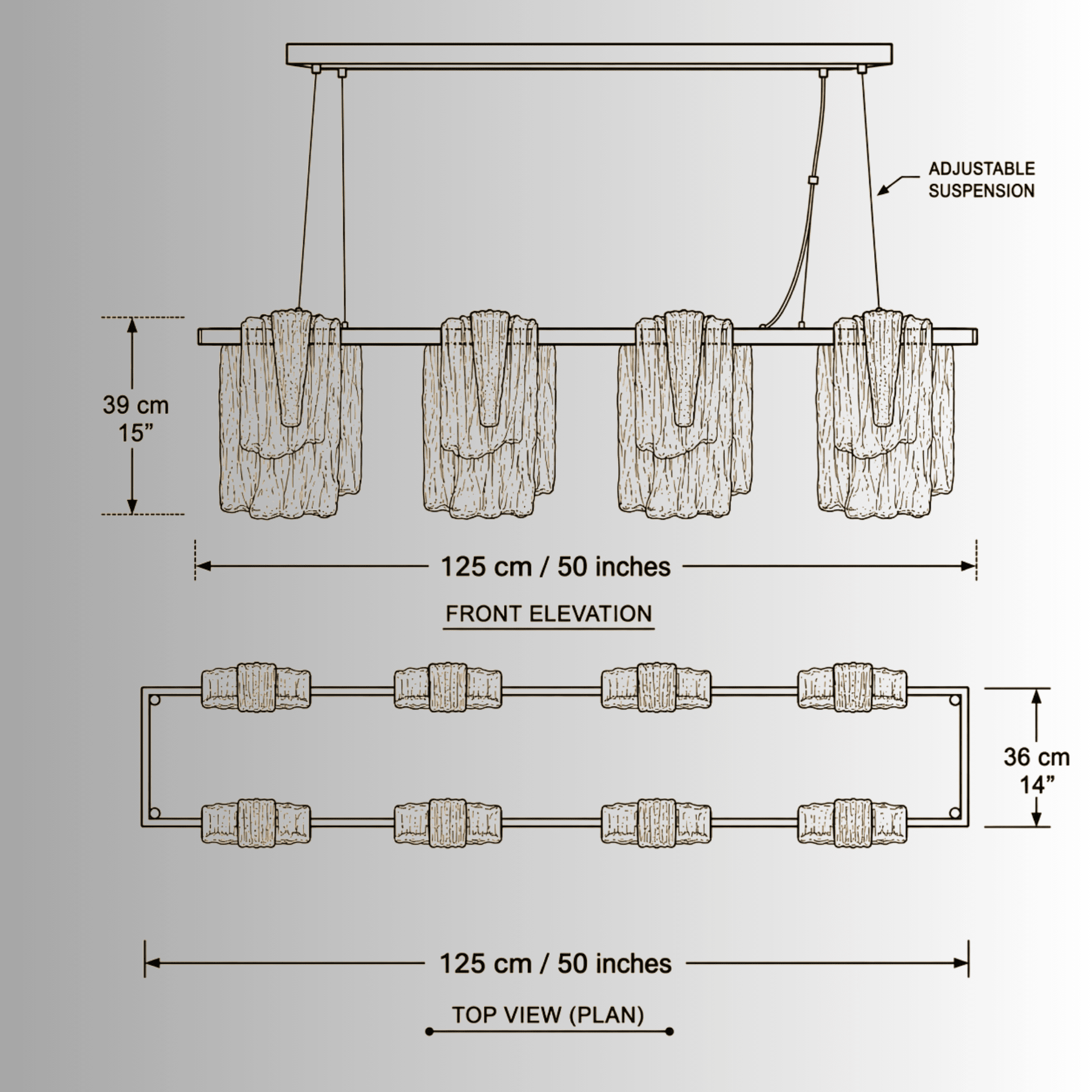 CAD drawing of the Aurora Magma chandelier showing full linear dimensions, suspension height, and glass arrangement.