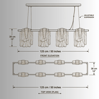 CAD drawing of the Aurora Magma chandelier showing full linear dimensions, suspension height, and glass arrangement.