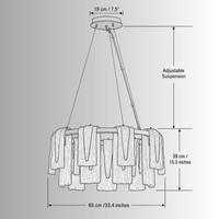 Technical drawing of Aurora Sublime chandelier showing diameter, height, suspension details, and structural measurements.