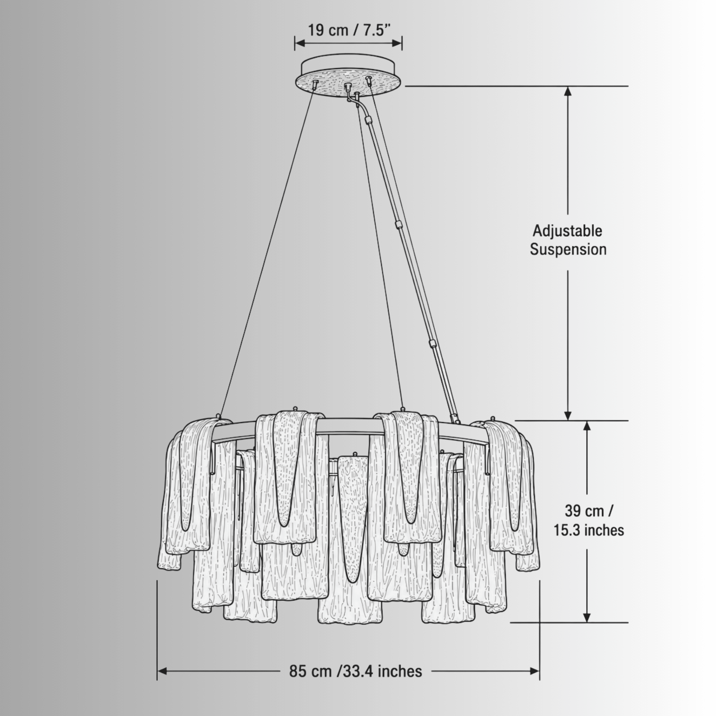 Technical drawing of Aurora Sublime chandelier showing diameter, height, suspension details, and structural measurements.