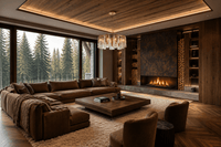 Aurora Sublime luxury chandelier in forest-view living room with fireplace, artisan glass and brass design