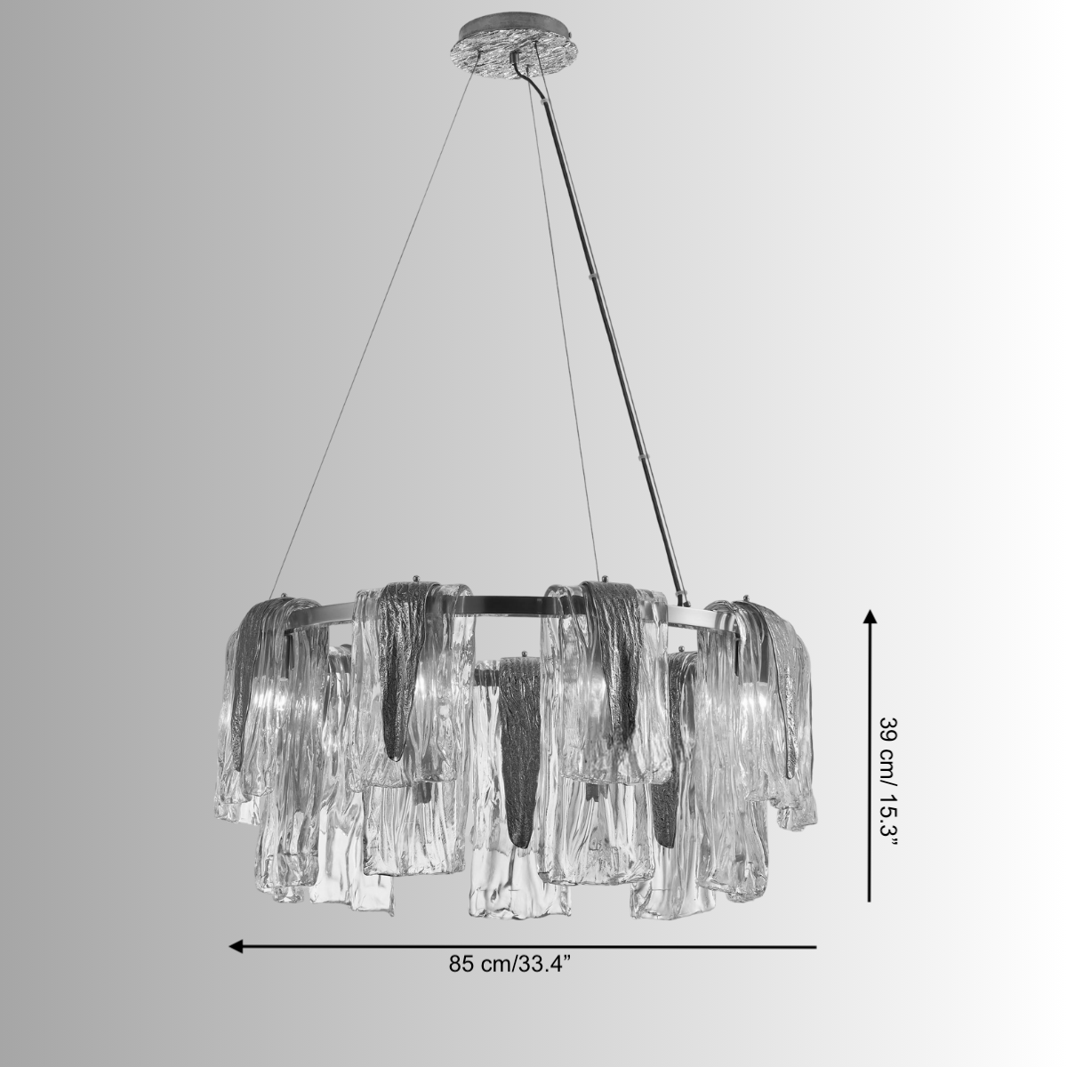 Technical drawing of Aurora Sublime chandelier showing diameter, height, suspension details, and structural measurements.