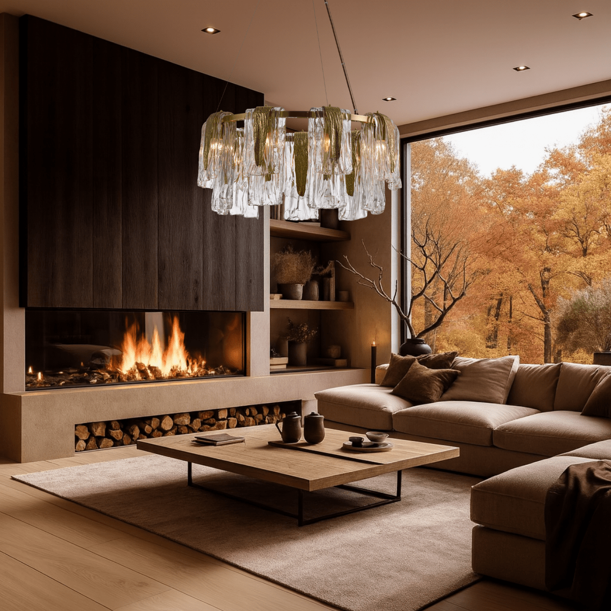 Aurora Sublime chandelier illuminating a contemporary living room with brass accents and flowing Murano-style glass panels.