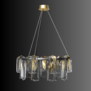 Modern Aurora Sublime chandelier photographed on a black background, highlighting brass frame and sculptural Murano-style glass.