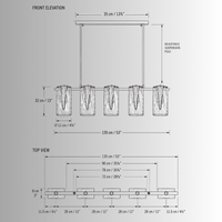 Technical drawing of Aurora Vellum chandelier showing 135 cm length, sculpted glass pendant height.