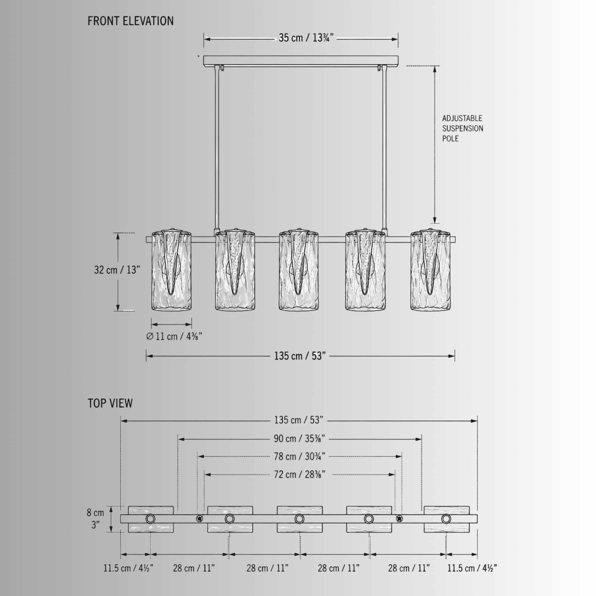 Technical drawing of Aurora Vellum chandelier showing 135 cm length, sculpted glass pendant height.