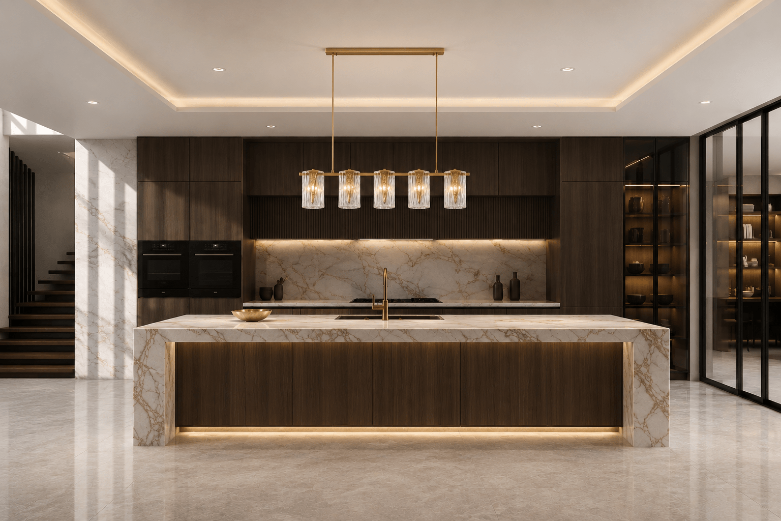 Aurora Vellum Murano Glass Linear Chandelier above a marble kitchen island in a luxury modern residence