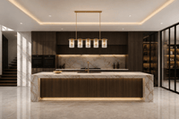 Aurora Vellum Murano Glass Linear Chandelier above a marble kitchen island in a luxury modern residence